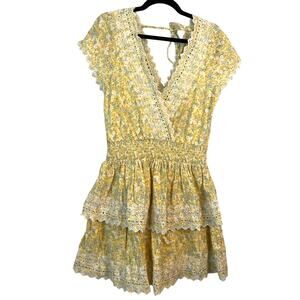 American Eagle, Sz. M, Garden Party Yellow Floral Tiered Mini Dress, Embroidery